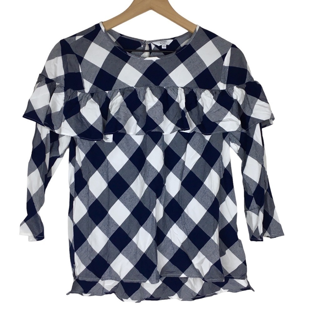 CROWN & IVY Top Blouse Check Plaid Print Gingham Ruffle 3/4 Sleeve Size Small